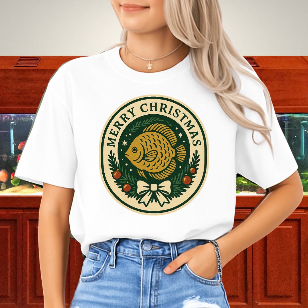 Retro Christmas Discus Wreath Tee – Vintage Holiday Emblem Design-T-Shirt-Fish & Friends Tees