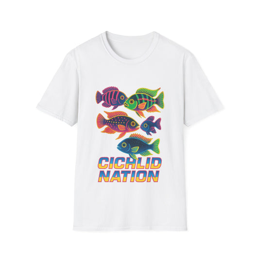 Cichlid Nation Tee – Neon 90s Arcade Aquarium Design