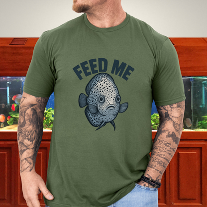 Snow Leopard Discus “Feed Me” Funny Aquarium T-Shirt