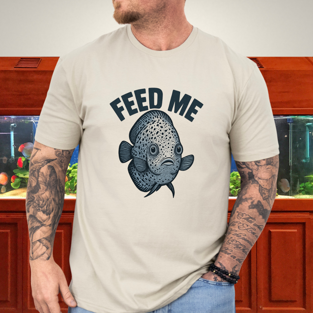 Snow Leopard Discus “Feed Me” Funny Aquarium T-Shirt