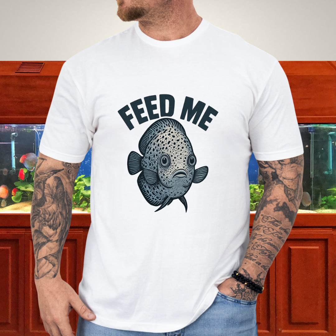 Snow Leopard Discus “Feed Me” Funny Aquarium T-Shirt