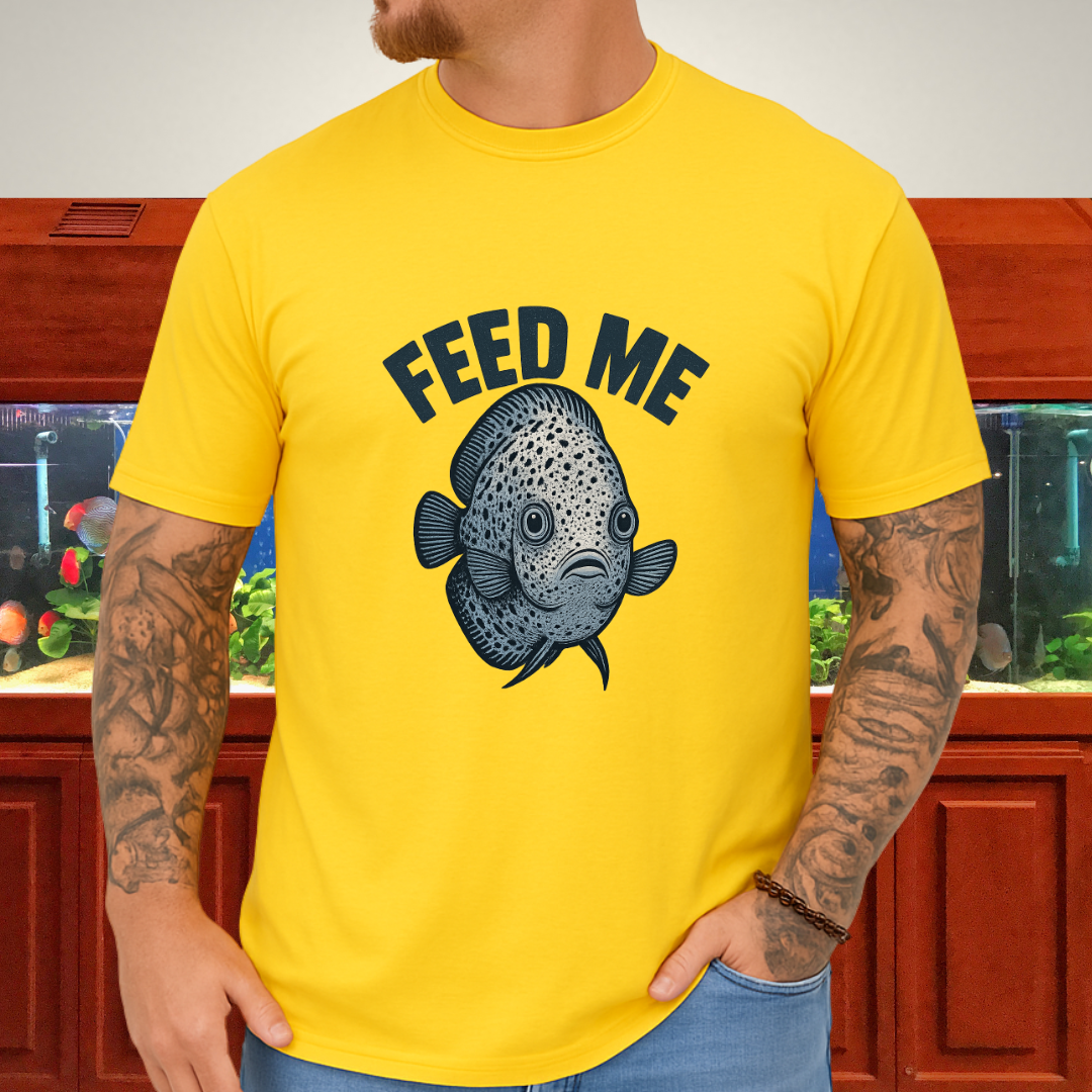 Snow Leopard Discus “Feed Me” Funny Aquarium T-Shirt