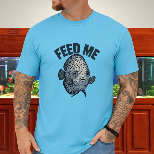 Snow Leopard Discus “Feed Me” Funny Aquarium T-Shirt