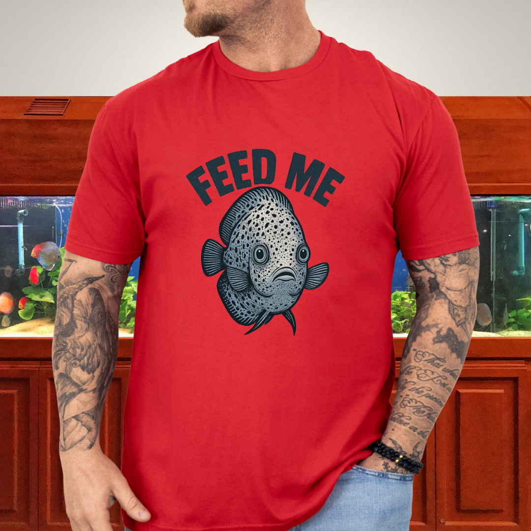 Snow Leopard Discus “Feed Me” Funny Aquarium T-Shirt