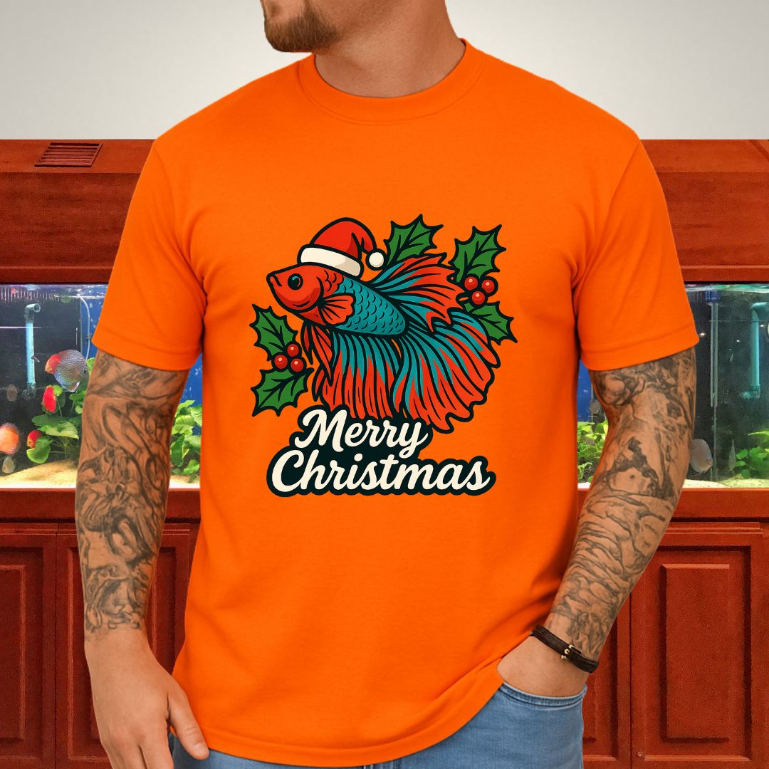 Festive Betta Fish Holiday Tee – Santa Hat & Holly Design-T-Shirt-Fish &amp; Friends Tees