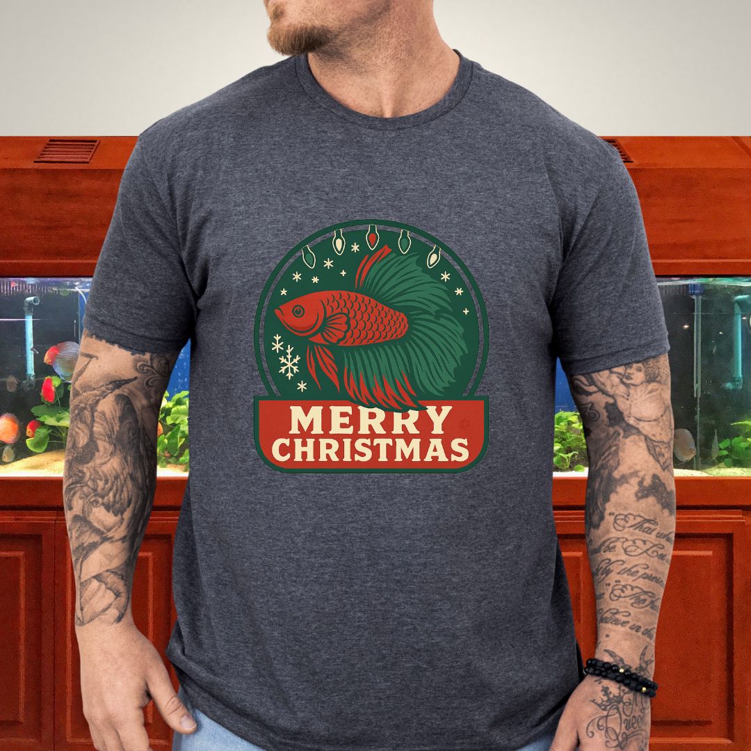 Retro Holiday Betta Fish Emblem Tee – Christmas Lights & Snowflakes-T-Shirt-Fish &amp; Friends Tees