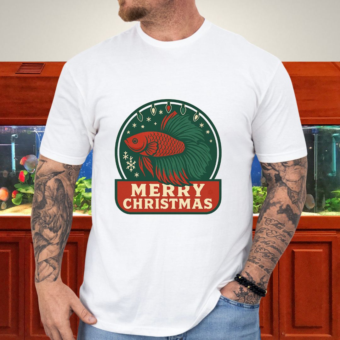 Retro Holiday Betta Fish Emblem Tee – Christmas Lights & Snowflakes-T-Shirt-Fish &amp; Friends Tees