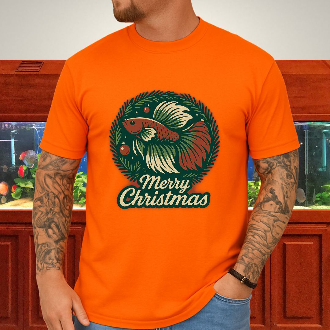 Retro Christmas Betta Fish Tee – Holiday Wreath Postcard Design-T-Shirt-Fish &amp; Friends Tees