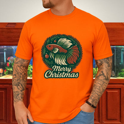 Retro Christmas Betta Fish Tee – Holiday Wreath Postcard Design-T-Shirt-Fish &amp; Friends Tees