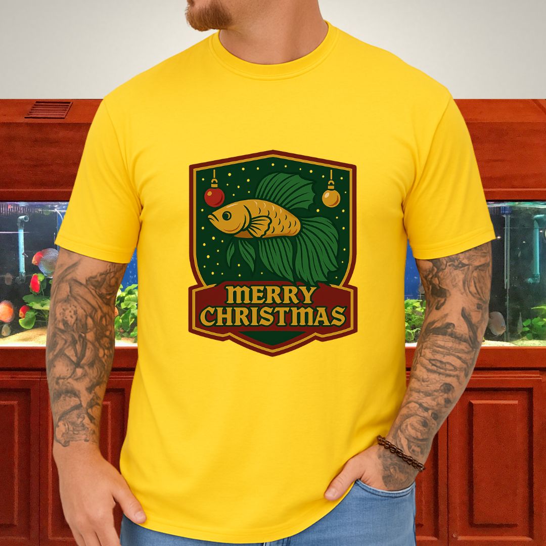 Christmas Betta Shield Tee – Bold Holiday Emblem Design-T-Shirt-Fish &amp; Friends Tees