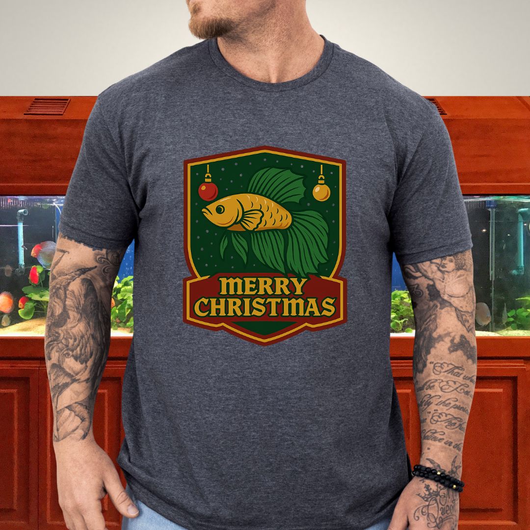 Christmas Betta Shield Tee – Bold Holiday Emblem Design-T-Shirt-Fish &amp; Friends Tees