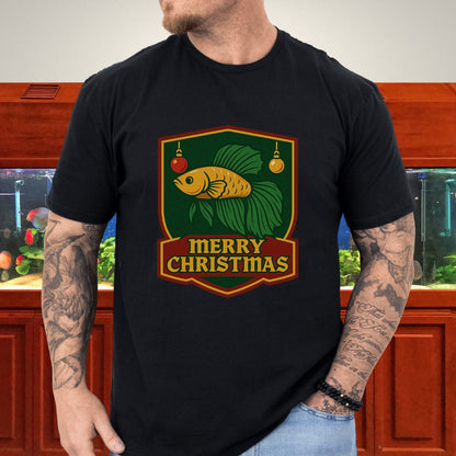 Christmas Betta Shield Tee – Bold Holiday Emblem Design-T-Shirt-Fish &amp; Friends Tees