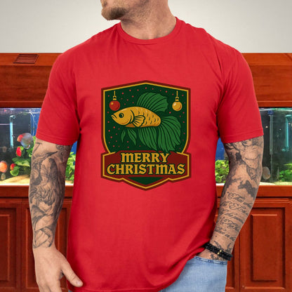 Christmas Betta Shield Tee – Bold Holiday Emblem Design-T-Shirt-Fish &amp; Friends Tees