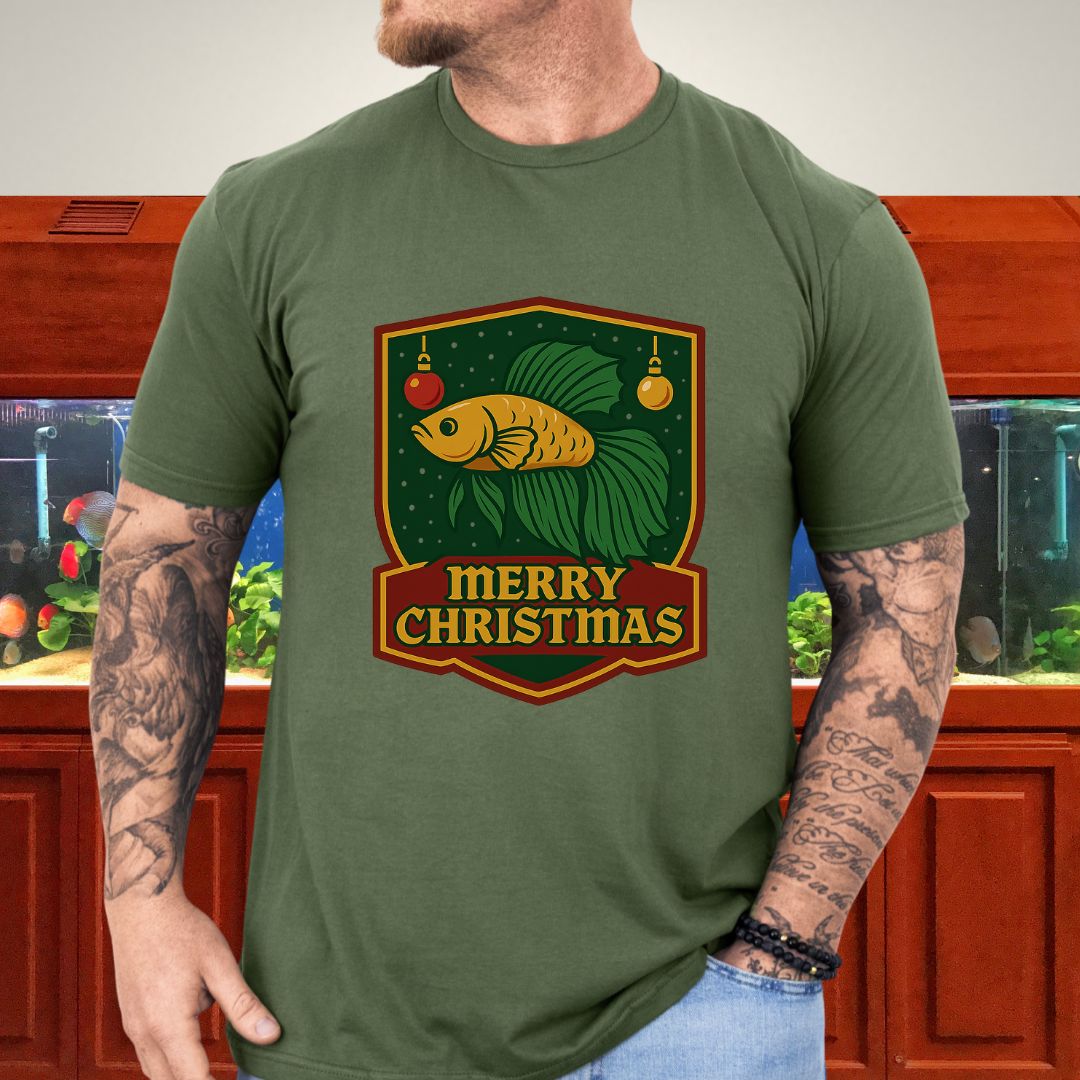 Christmas Betta Shield Tee – Bold Holiday Emblem Design-T-Shirt-Fish &amp; Friends Tees