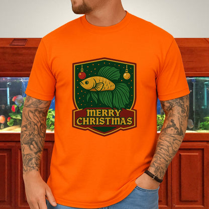 Christmas Betta Shield Tee – Bold Holiday Emblem Design-T-Shirt-Fish &amp; Friends Tees