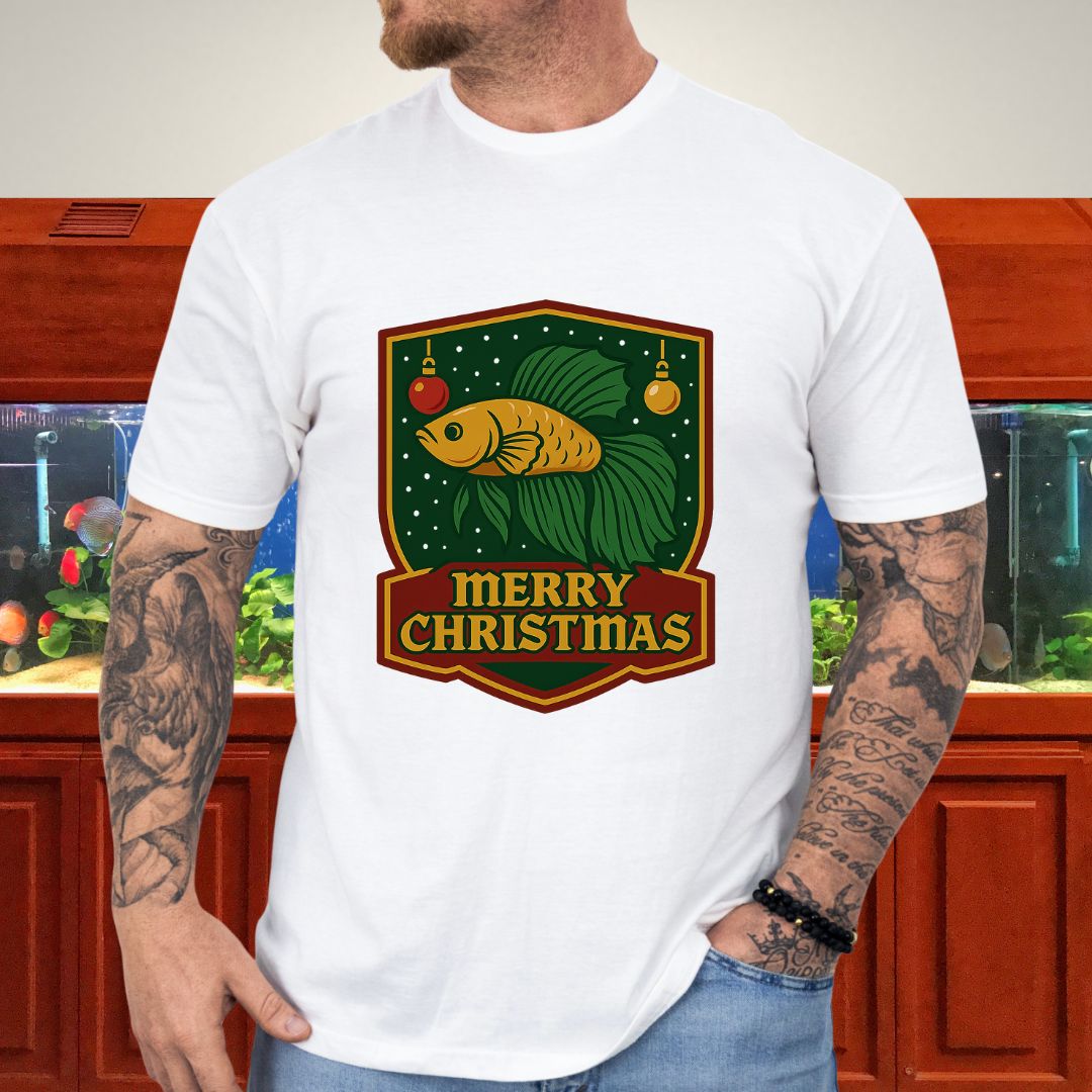 Christmas Betta Shield Tee – Bold Holiday Emblem Design-T-Shirt-Fish &amp; Friends Tees