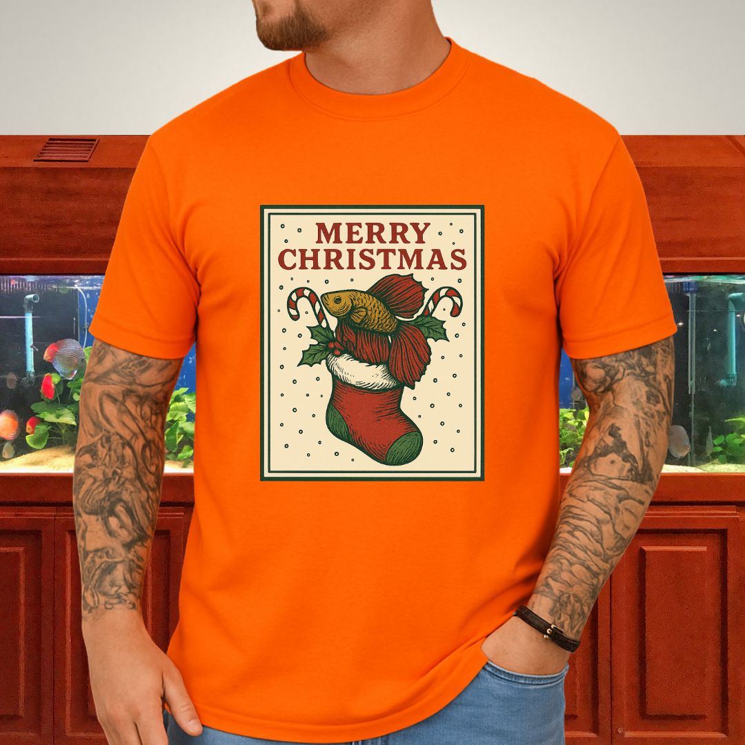 Christmas Stocking Betta Fish Tee – Hand-Sketched Holiday Card Design-T-Shirt-Fish &amp; Friends Tees