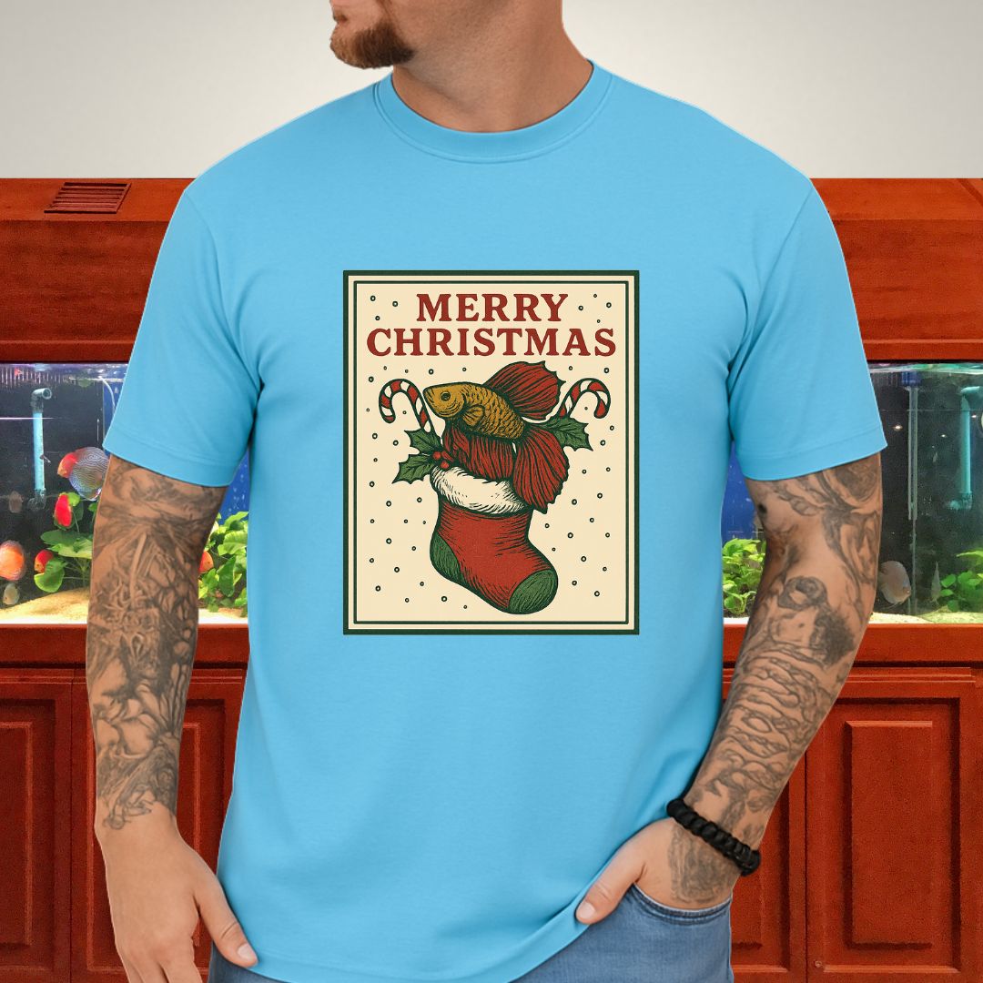 Christmas Stocking Betta Fish Tee – Hand-Sketched Holiday Card Design-T-Shirt-Fish &amp; Friends Tees