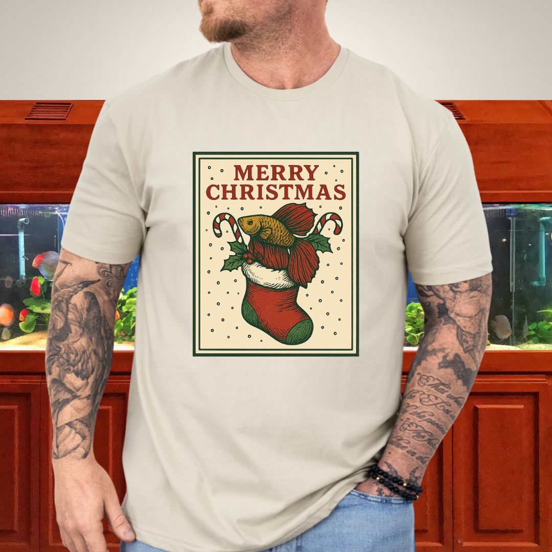 Christmas Stocking Betta Fish Tee – Hand-Sketched Holiday Card Design-T-Shirt-Fish &amp; Friends Tees