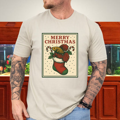 Christmas Stocking Betta Fish Tee – Hand-Sketched Holiday Card Design-T-Shirt-Fish &amp; Friends Tees