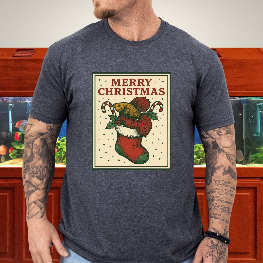 Christmas Stocking Betta Fish Tee – Hand-Sketched Holiday Card Design-T-Shirt-Fish &amp; Friends Tees
