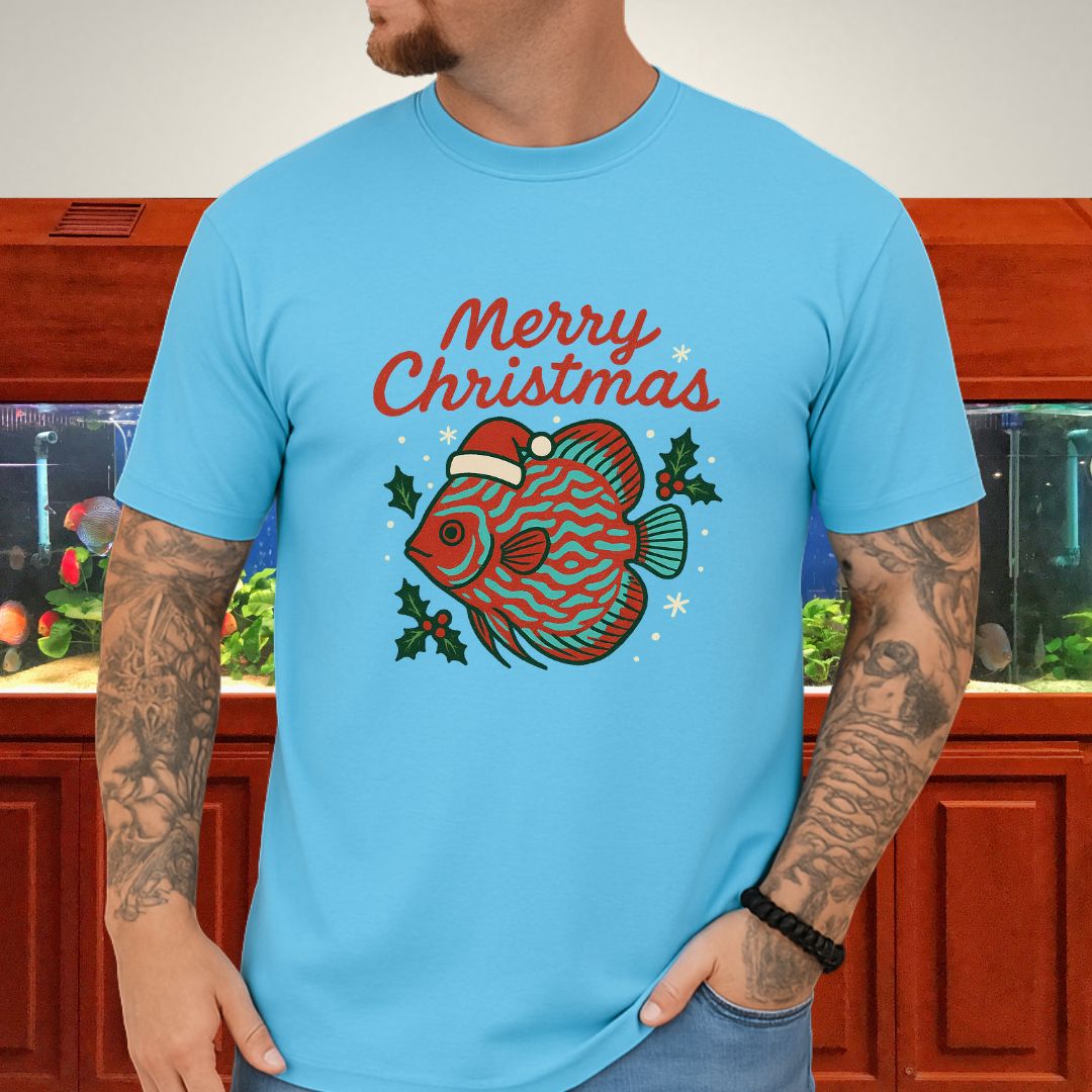 Festive Discus Fish Christmas Tee – Santa Hat & Holly Design-T-Shirt-Fish &amp; Friends Tees