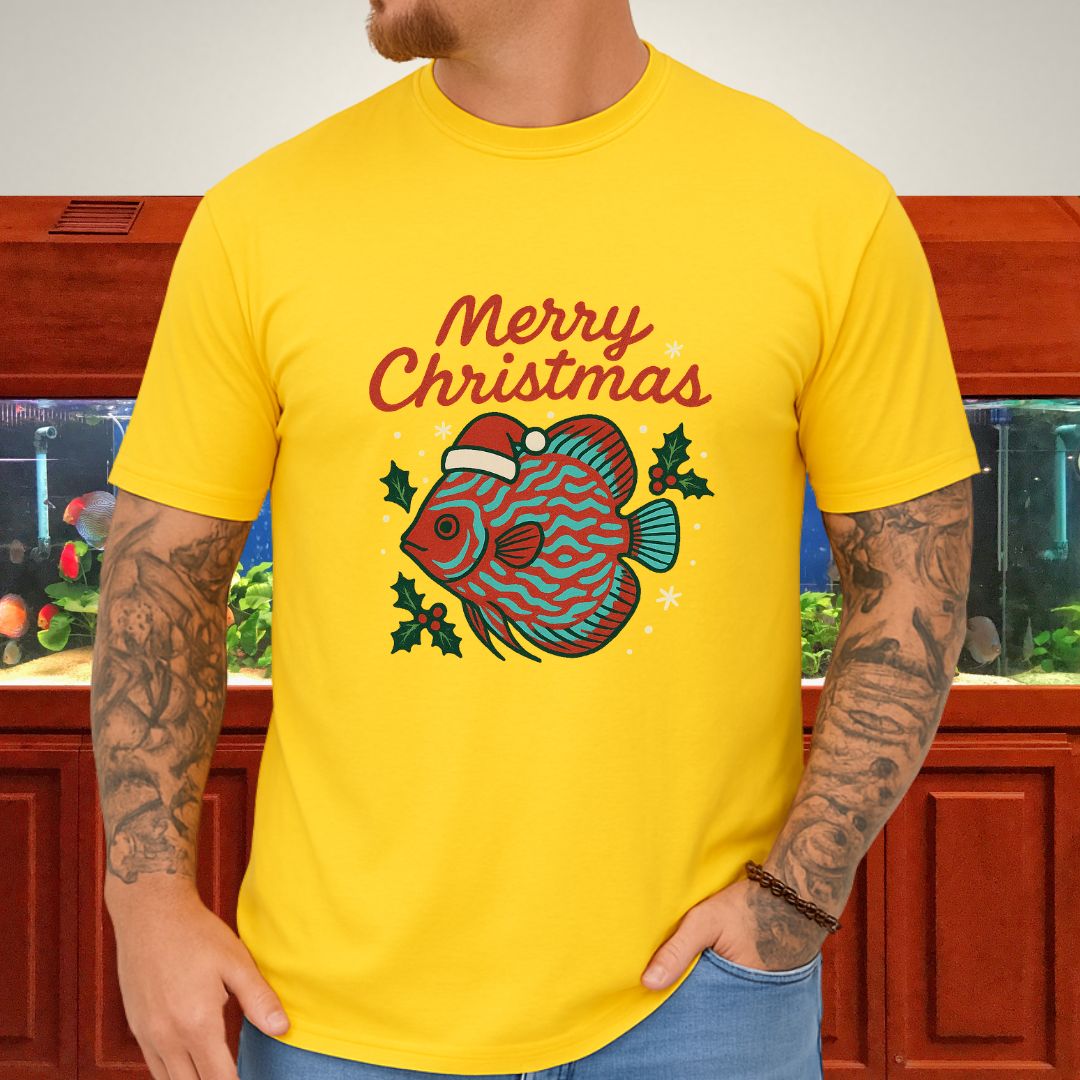 Festive Discus Fish Christmas Tee – Santa Hat & Holly Design-T-Shirt-Fish &amp; Friends Tees
