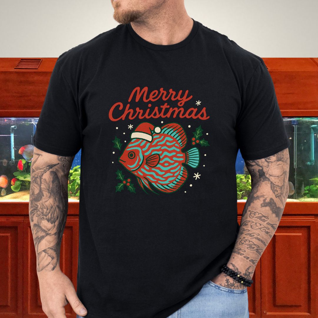 Festive Discus Fish Christmas Tee – Santa Hat & Holly Design-T-Shirt-Fish &amp; Friends Tees