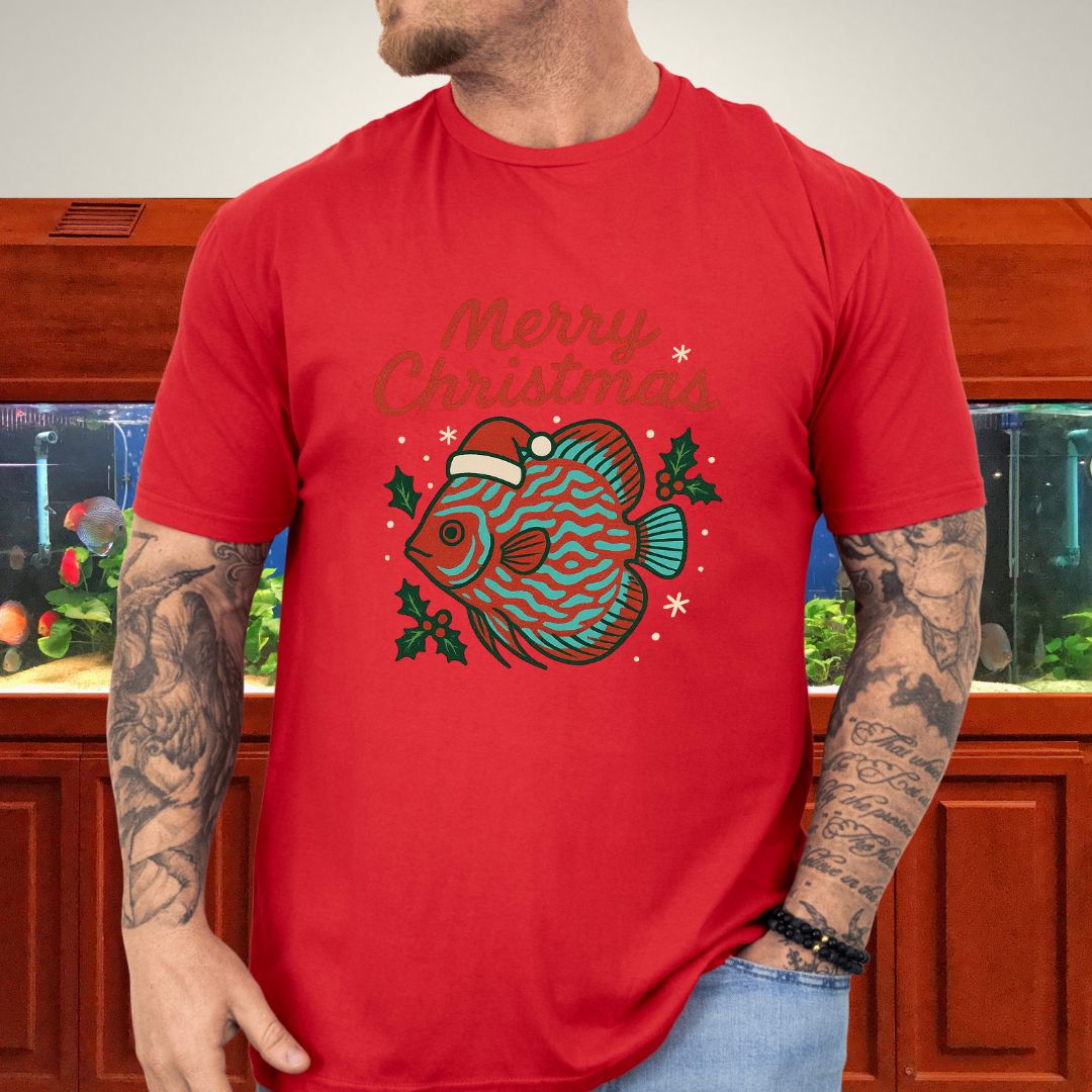 Festive Discus Fish Christmas Tee – Santa Hat & Holly Design-T-Shirt-Fish &amp; Friends Tees