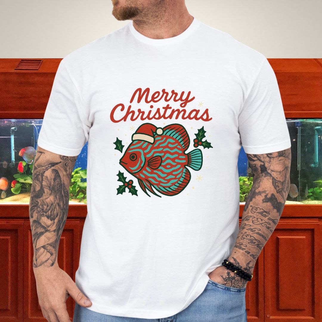 Festive Discus Fish Christmas Tee – Santa Hat & Holly Design-T-Shirt-Fish &amp; Friends Tees