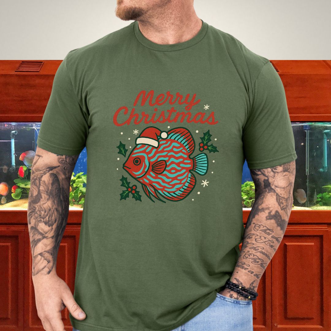 Festive Discus Fish Christmas Tee – Santa Hat & Holly Design-T-Shirt-Fish &amp; Friends Tees