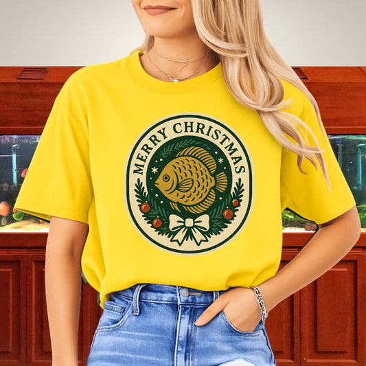 Retro Christmas Discus Wreath Tee – Vintage Holiday Emblem Design-T-Shirt-Fish &amp; Friends Tees