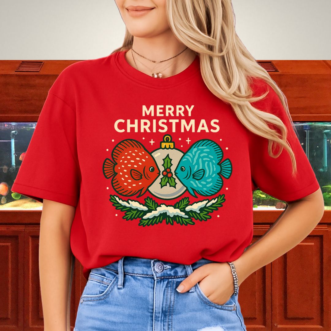 Festive Discus Ornament Tee – Red & Blue Holiday Design-T-Shirt-Fish &amp; Friends Tees