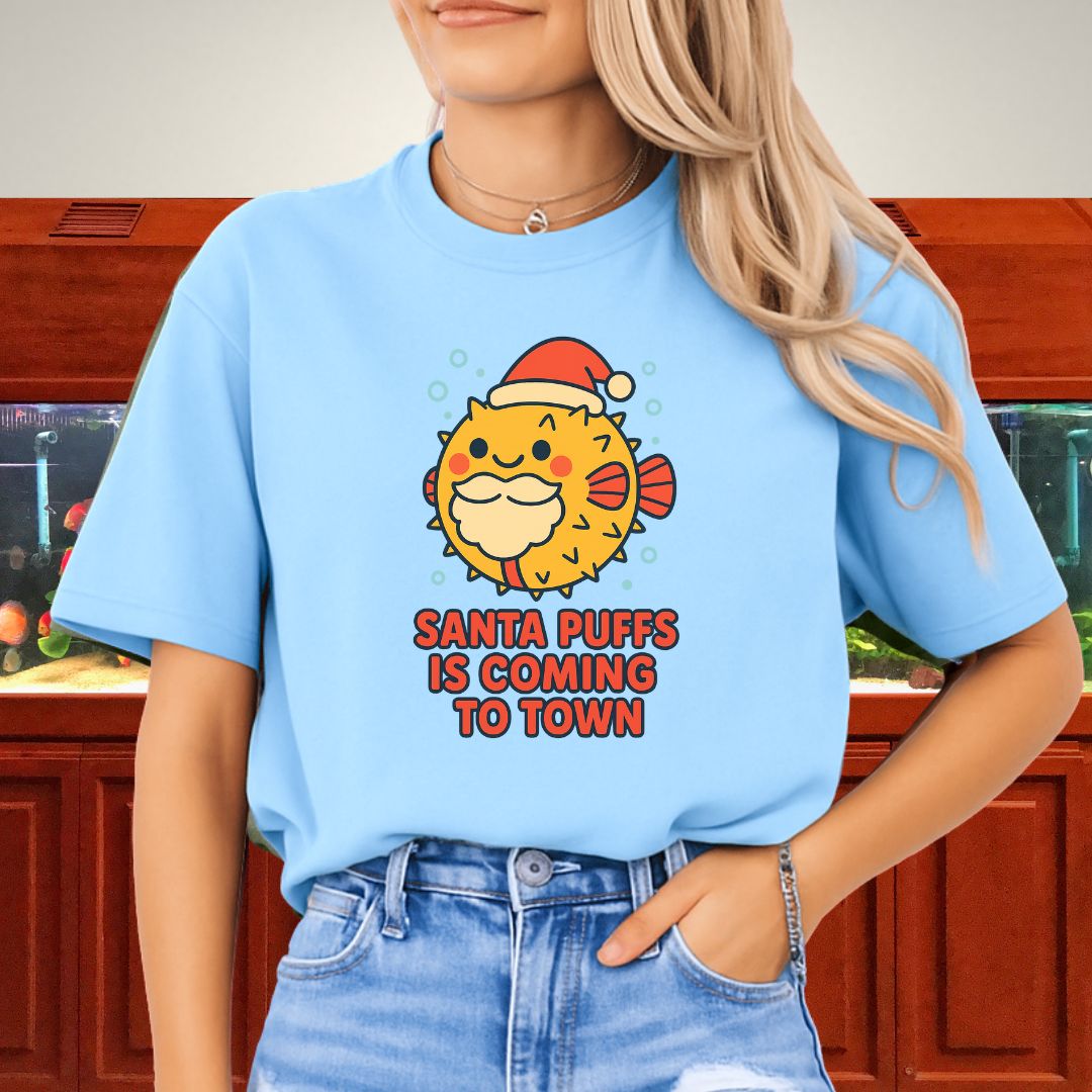 Santa Puffs Christmas Tee – Kawaii Pufferfish Holiday Shirt