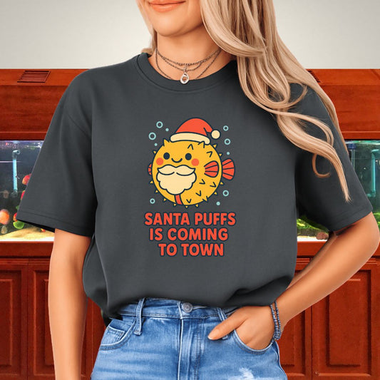 Santa Puffs Christmas Tee – Kawaii Pufferfish Holiday Shirt