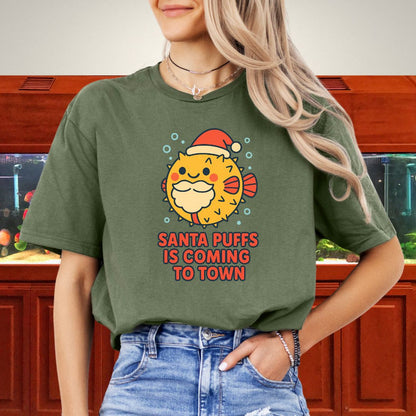 Santa Puffs Christmas Tee – Kawaii Pufferfish Holiday Shirt