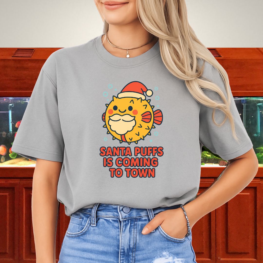 Santa Puffs Christmas Tee – Kawaii Pufferfish Holiday Shirt