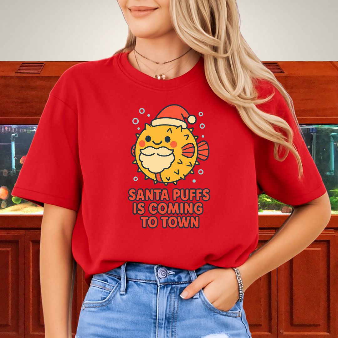 Santa Puffs Christmas Tee – Kawaii Pufferfish Holiday Shirt
