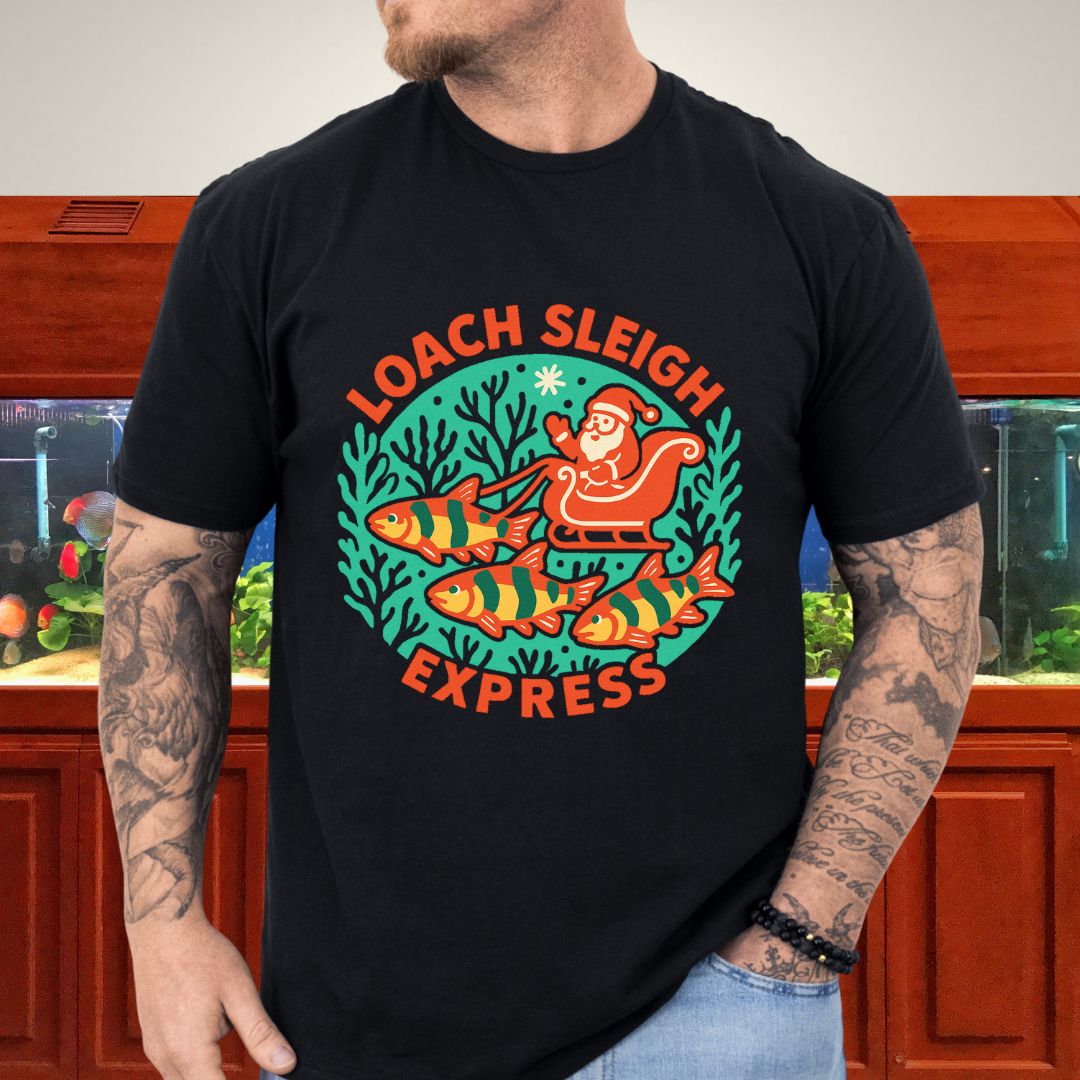 Loach Sleigh Express Tee – Retro Cartoon Clown Loach Christmas Shirt