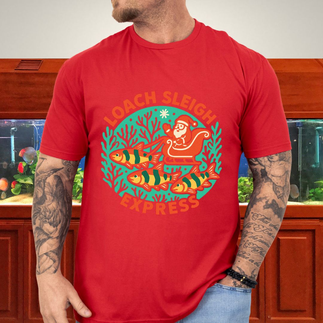 Loach Sleigh Express Tee – Retro Cartoon Clown Loach Christmas Shirt