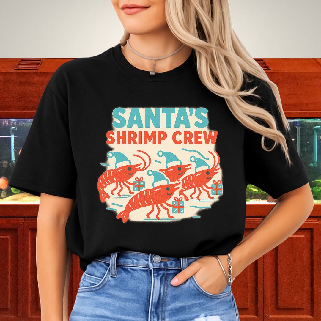 Santa’s Shrimp Crew Tee – Retro Cherry Shrimp Christmas Shirt