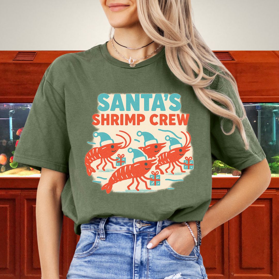 Santa’s Shrimp Crew Tee – Retro Cherry Shrimp Christmas Shirt