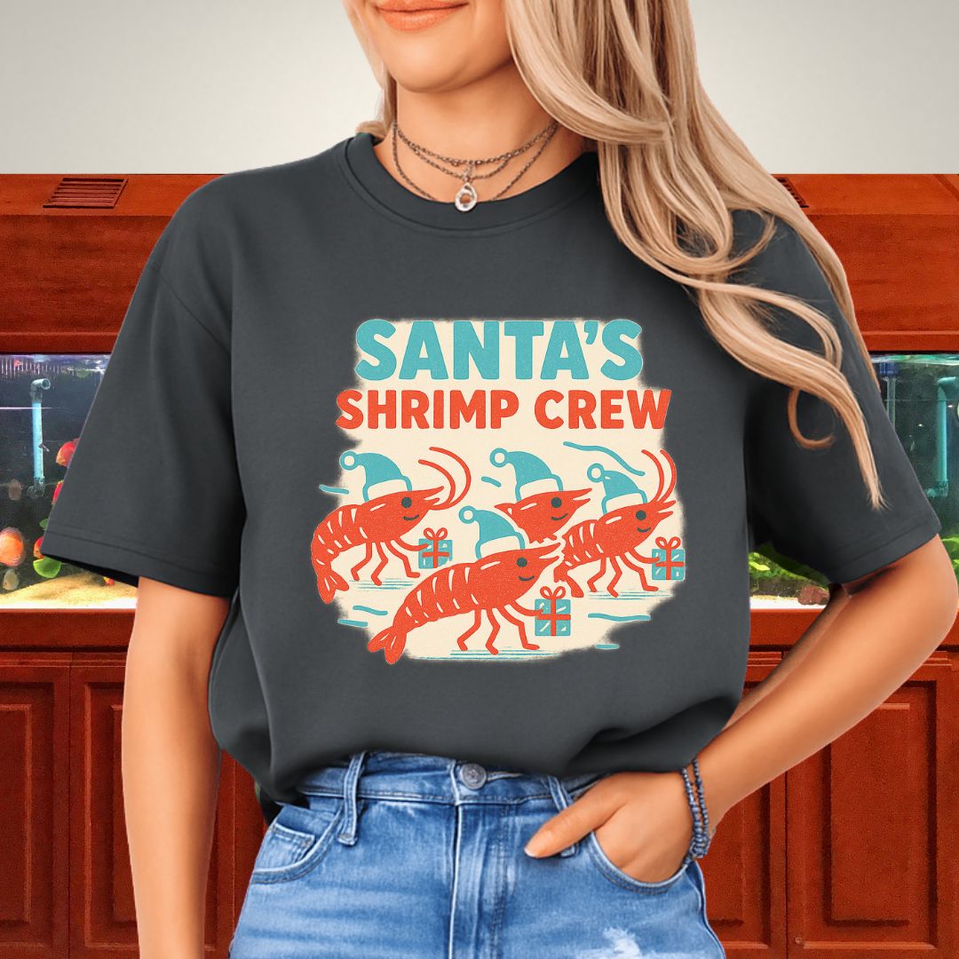 Santa’s Shrimp Crew Tee – Retro Cherry Shrimp Christmas Shirt
