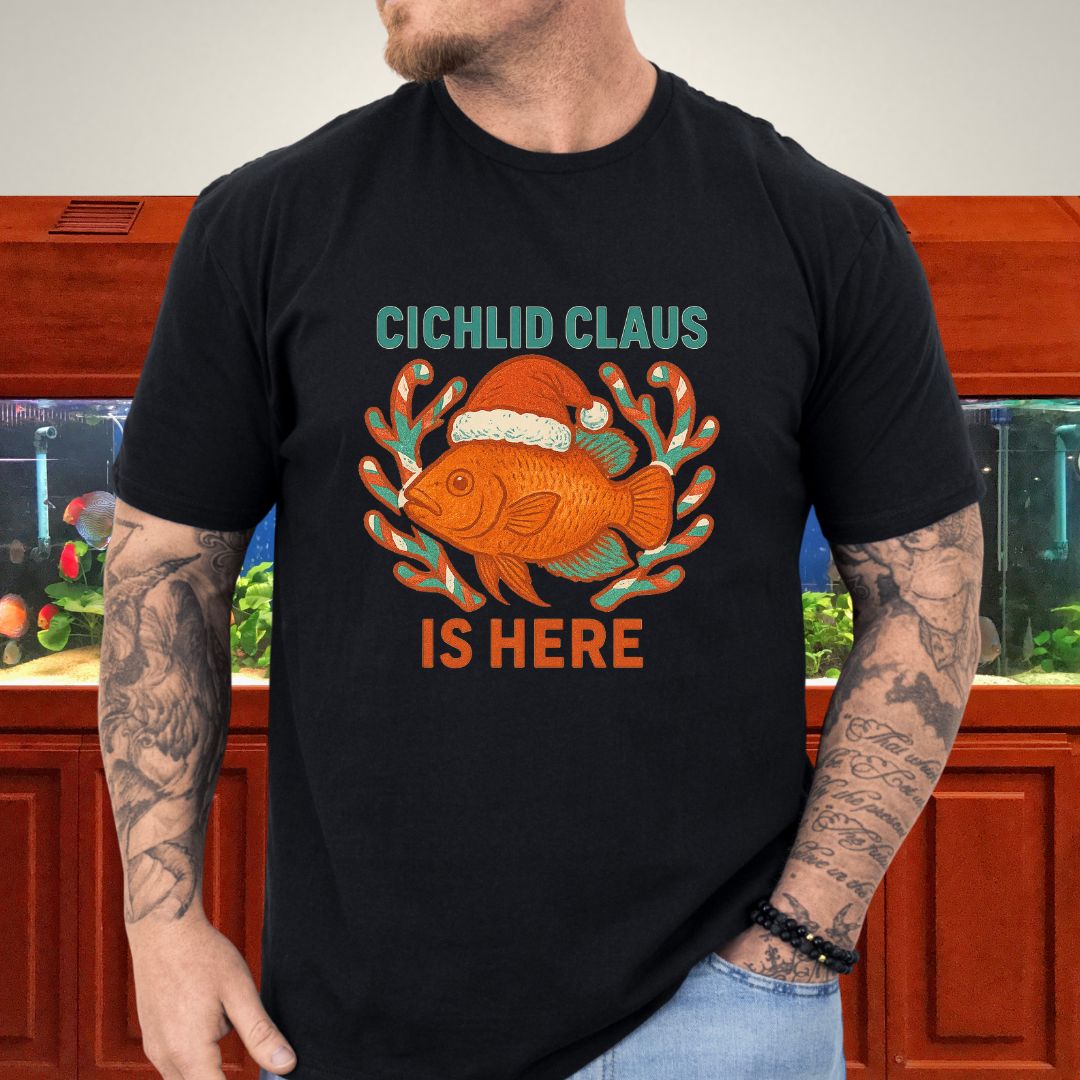 Cichlid Claus is Here Tee – Funny Santa Hat Cichlid Christmas Shirt-T-Shirt-Fish &amp; Friends Tees