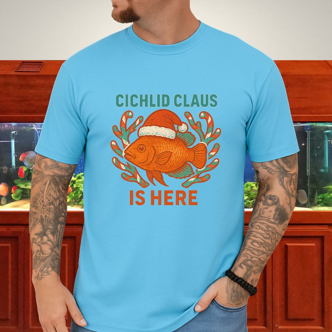 Cichlid Claus is Here Tee – Funny Santa Hat Cichlid Christmas Shirt-T-Shirt-Fish &amp; Friends Tees