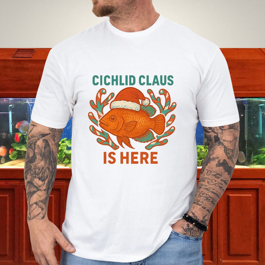 Cichlid Claus is Here Tee – Funny Santa Hat Cichlid Christmas Shirt-T-Shirt-Fish &amp; Friends Tees