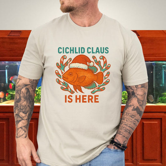 Cichlid Claus is Here Tee – Funny Santa Hat Cichlid Christmas Shirt-T-Shirt-Fish &amp; Friends Tees