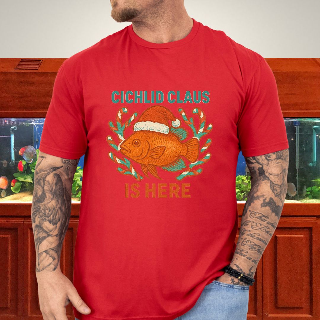 Cichlid Claus is Here Tee – Funny Santa Hat Cichlid Christmas Shirt-T-Shirt-Fish &amp; Friends Tees
