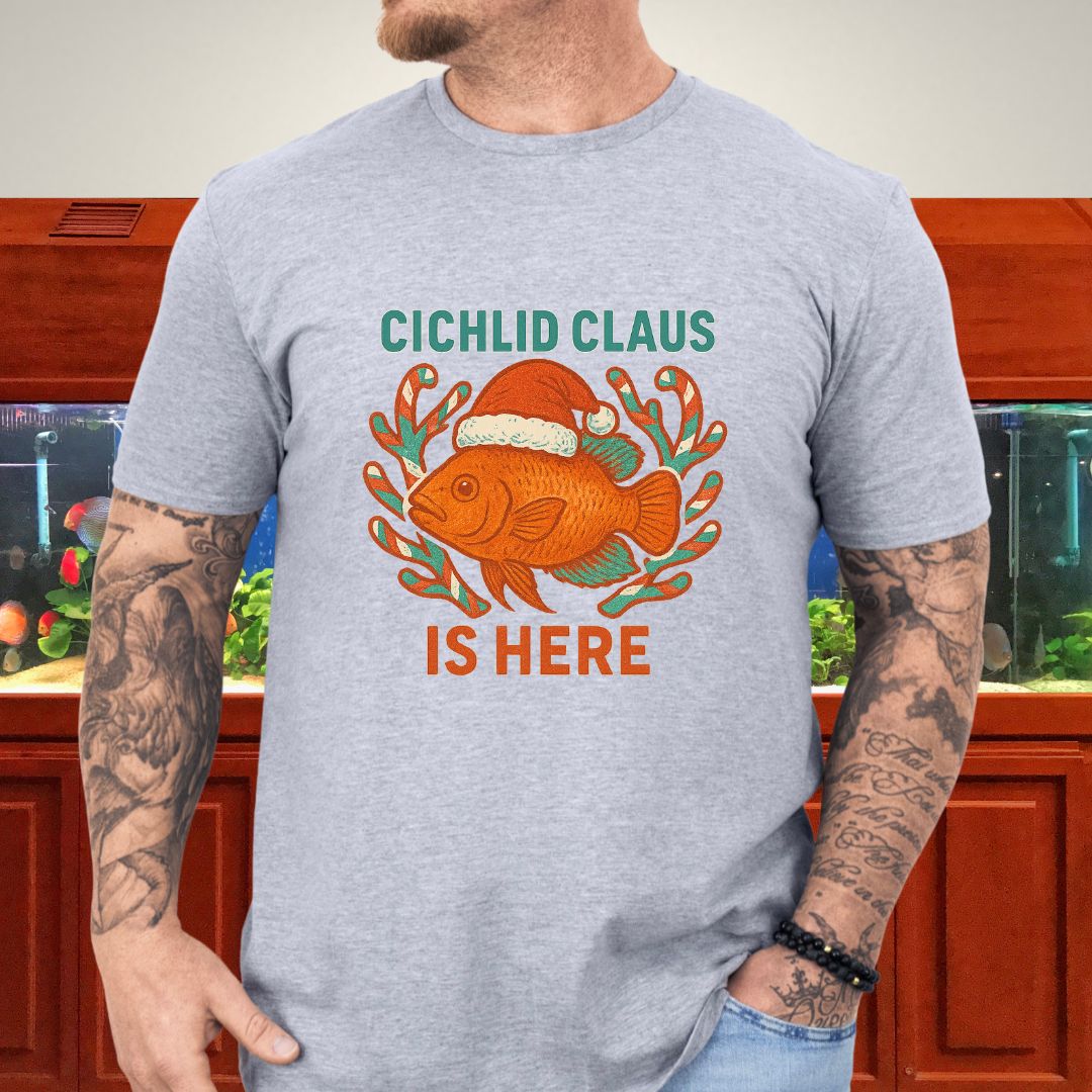 Cichlid Claus is Here Tee – Funny Santa Hat Cichlid Christmas Shirt-T-Shirt-Fish &amp; Friends Tees