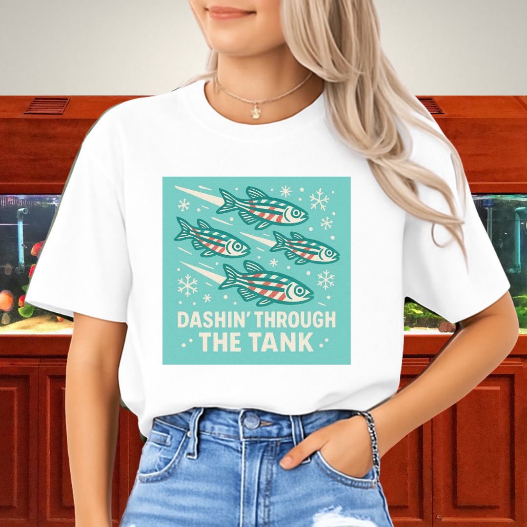 Dashin’ Through the Tank Tee – Candy Stripe Zebra Danio Christmas Shirt